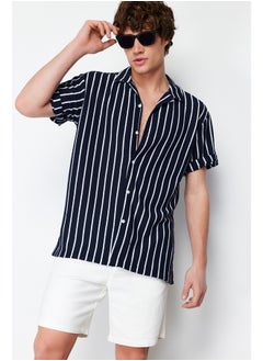 Buy Navy Blue Striped Relaxed Fit Knitwear Look Wide Collar Shirt TMNSS24GO00006 in Egypt