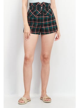 Buy Women High Rise Checkered Basic Shorts, Green/Black Combo in UAE