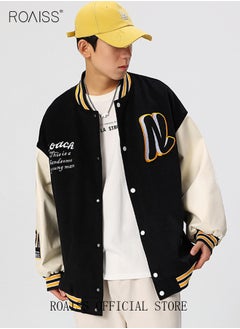 Buy Men Baseball Jacket Spring Autumn Uniform Jackets Fashion Oversized Graphic Striped Trim Drop Shoulder Corduroy Varsity Jacket Preppy Striped Stand Collar Jacket in Saudi Arabia