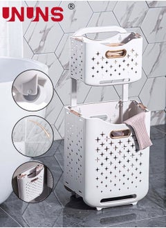 Buy 2-Layer Laundry Basket Bathroom Removable Clothes Storage Basket With Wheels Foldable Household Simple Shelf For Bathroom Kitchen Living Room in Saudi Arabia