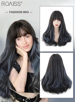 Buy Black Wig with Blue Highlights, Medium Length Curly Hair Ends Wig with Bangs for Women, Synthetic Natural Heat Resistant Fiber Wig as Real Hair for Daily Wear, Party, Costume, Cosplay, 45CM in Saudi Arabia