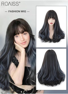 اشتري Black Wig with Blue Highlights, Medium Length Curly Hair Ends Wig with Bangs for Women, Synthetic Natural Heat Resistant Fiber Wig as Real Hair for Daily Wear, Party, Costume, Cosplay, 45CM في السعودية