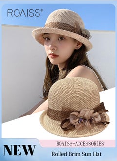 Buy Rolled Brim Sun Hat for Women, Lightweight Breathable Sun Hat with Flower Decoration, Summer Beach Outdoor Fashion Accessory in UAE