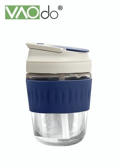 Buy Reusable Glass Coffee Cup with Silicone Sleeve Dishwasher Safe Portable Water Bottle Compact and Portable Juice Cup with Two Drinking Ports 350ML Blue in Saudi Arabia