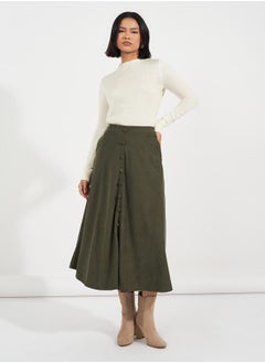 Buy Corduroy Flared Midi Skirt with Button Detail in Saudi Arabia