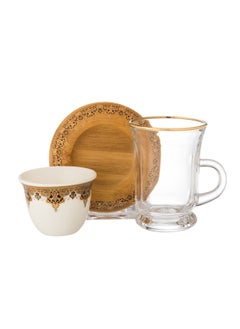 Buy 18-Piece Tea And Coffee Set Consisting Of 6 Glass Tea Cups + 6 Wooden Saucers + 6 Porcelain Coffee Cups in Saudi Arabia