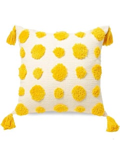 Buy Tufted Throw Pillow Cover 18x18 Inch, Cotton Pom Poms and Handwoven Tassels Decorative Chenille Textured Cute Cushion Case for Couch, Bed, Sofa, Kids Room (2 PCS) (Yellow) in UAE