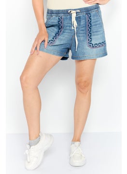 Buy Women Embroidered Washed Denim Short, Navy Blue in UAE