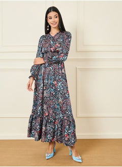 Buy Paisley Print Smocked Detail A-Line Maxi Dress in Saudi Arabia