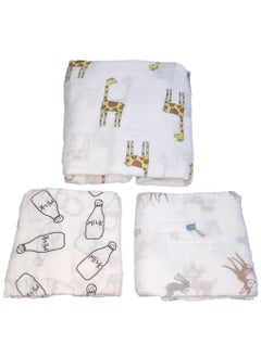 Buy 3-Pcs Baby Swaddle Blanket Unisex Wrap Soft Silky Muslin, Blanket For Boys And Girls Set Of 3- Giraffe/ Deer And The Rabbit/Black And White Milk Bottle in UAE