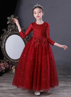 Buy Girl'S Long Sequin Gown With Long Sleeves For birthday Party Dress Red Color in UAE