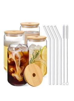 اشتري 4-Piece Beverage Mug with Bamboo Lid and Glass Straw, Canister Glass, Iced Coffee Mug, Adorable Nonpareil Mug, 16 oz, 2 Cleaning Brushes في الامارات