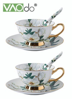 Buy 2PCS Coffee and Saucer Set With Spoon Thin Through Bone China Hand-painted Gold Black Tea Teacup Afternoon Teacup and Saucer Spoon Set Camellia in UAE