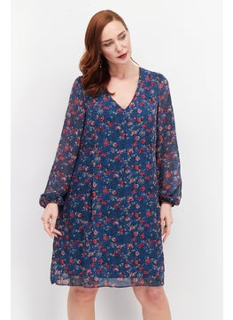 اشتري Women Floral Print Tie Back Mini Casual Shift Dress, Teal في الامارات