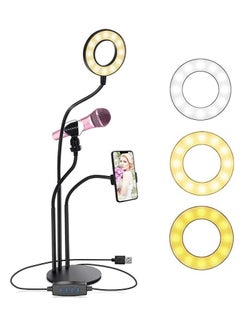 Buy 3 in 1 Phone Stand Holder Clip Selfie Ring Light 3 Color Adjustable and Microphone in UAE