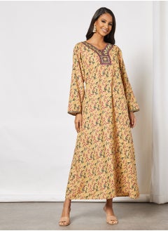 Buy All-Over Printed Long Sleeve Cotton Jalabiya in UAE