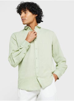 Buy Men Sage Green Solid Casual Cotton Linen Shirt in UAE