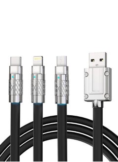 Buy 3-in-1 Cable with LED Light, 120W Fast Charging & High-Speed Data Transfer - Lightning for iPhone, Micro USB & Type-C for Samsung, Huawei, Oppo, Realme, Xiaomi - 6A, Anti-Winding Design - Black in Egypt