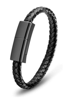 Buy Type-C USB Charging Bracelet Cable Fashion Portable Braided Leather Wrist Data Charger Cord For Android Black in UAE