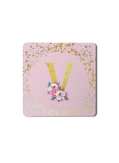 اشتري Designer Leather Coasters Mat for Beverage Drinks- Custom Monogram Initial Letter Floral Pattern Alphabet - V (Pink) في الامارات