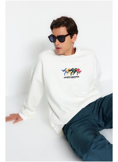 Buy Men's Ecru Oversize/Wide-Cut Olympic Embroidery and Printed Fleece Sweatshirt. in Egypt