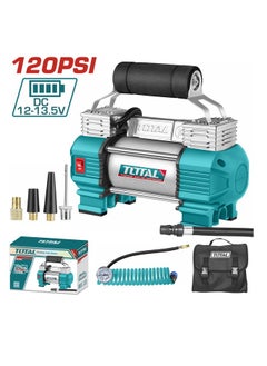 Buy TOTAL 12V Auto Air Compressor 120PSI – Portable Car Tire Inflator with Work Light, 5m Air Hose, Battery Clips, Adapters, and Canvas Bag in UAE