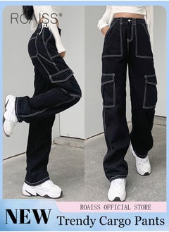 اشتري High Waist Wide Leg Pants Contrast-Trim Cargo Pants for Women Soft Trousers Ladies Denim Long Pants Casual New Arrival Trendy Straight Jeans Baggy All Seasons Wearable في الامارات