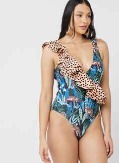 Buy Ruffle Detail Printed Swimsuit in UAE