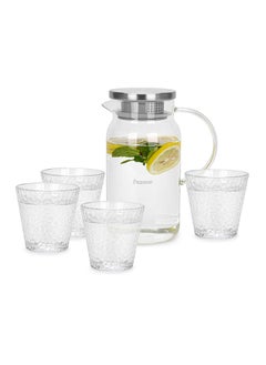 Buy Picther Jug  and Glass Cup Set Borosilicate Glass Heat Resistant with Arc Shape Handle, Leakproof Lid And Stainless Steel Housing 1400ml + 4x290ml in UAE