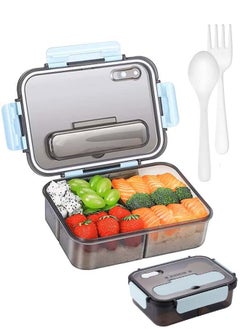 اشتري Bento Lunch Box - 3 Compartment Lunch Containers for Adults and Kids,Food Grade Plastic Lunch Box with Spoon & Fork (Blue） في السعودية