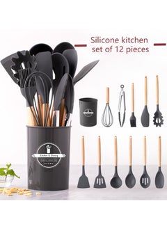 اشتري Silicone Cooking Utensils Set of 11 Pieces Nonstick Cookware with Storage Bucket, Heat Resistant Kitchen Untensils Set with Nature Wood Handles في السعودية