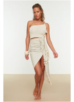 Buy Beige Midi Woven Tasseled Linen Look Skirt TBESS21ET0529 in Egypt