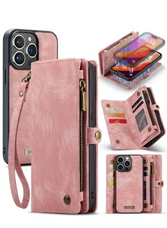 Buy Protective Phone Cover Case Wallet Case For Apple iPhone 15 Pro Max, 2 in 1 Detachable Premium Leather Magnetic Zipper Pouch Wristlet Flip Phone Case (Pink) in UAE