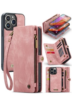 Buy Protective Phone Cover Case Wallet Case For Apple iPhone 15 Pro Max, 2 in 1 Detachable Premium Leather Magnetic Zipper Pouch Wristlet Flip Phone Case (Pink) in UAE