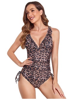 Buy Leopard Print V-Neck One-Piece Swimsuit Falbala Bikini in Saudi Arabia