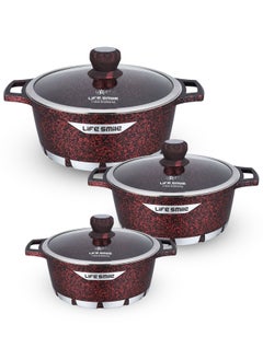 Buy 6Pcs (3 Pots & 3 Glass Lids) Large Size Non Stick Cookware Set - Multi Layer Non Stick PFOA Free Coating - Set Includes Soup & Stock Pots 1x40cm - 1x36cm - 1x32cm (25-30people) in UAE