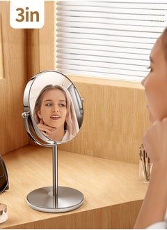 Buy 3" Double Sided Cosmetic Mirror, 3X Magnification on One Side, 360° Rotation, Handheld Desktop Mirror with Stand Bathroom Shaving Mirror 5 * 8 * 14.8CM in UAE