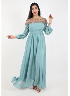 Buy Women's long dress with long sleeves and a belt on the waist, light green in Saudi Arabia