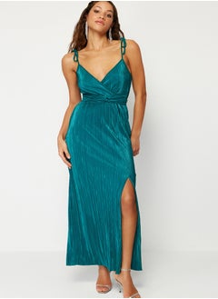 Buy Emerald Green Belted A-Cut Lined Pleated Knitted Elegant Evening Dress TPRSS24EL00093 in Egypt