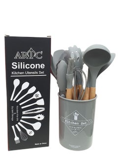 Buy 12 Pieces Heat Resistant Non-Stick Silicone Cooking Utensil Set Light Grey in UAE