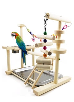 Buy Parrot Wood Playstand Bird Gym Playpen Ladder with Feeder Cups Tray in UAE