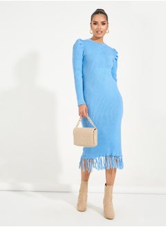 Buy Fringed Hem Sweater Midi Dress with Puff Sleeves in Saudi Arabia