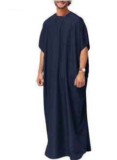 اشتري Men's Muslim Solid Color Loose Robe Thobe Short Sleeve Side Split Kaftan Navy Blue في الامارات