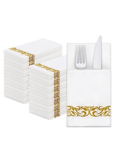 اشتري 50 Pieces Disposable Cloth Like Napkins, Built-in Flatware Pocket, Wedding Party Linen Feel White Napkin, Prefolded for Silverware في السعودية