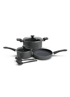 اشتري 7-piece Non-Stick Aluminum Cookware Set With Durable Hammertone Exterior, 5-layer Super Granite Coating, Tempered Glass Lids, Heat-Resistant Handles And knob, 2pcs Nylon Spatula (ACS7HE) في السعودية