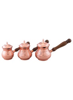 اشتري Majestic Copper Turkish Coffee Pot Set – 3-Piece Set (250 ml, 360 ml, 480 ml) – Elegant Floral Engraving, Wooden Handle, Perfect for Turkish Coffee, Arabic Coffee, and Tea Brewing في الامارات