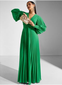 Buy Plunge Neck Puff Sleeves Pleated Dress in Saudi Arabia