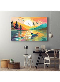 Buy Colorful illustration boat lake with sunset and birds Printed Canvas wall art 90x60 in Egypt