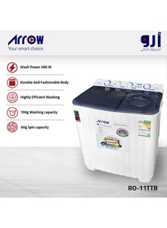 Buy TWIN TUB 10 KG WASHING MACHINE|Semi Automatic streamlined design and a lightweight frame for quick installation with Turbo Wash Technology and Rust-Free Design| White color | Model Name: RO-11TTB in Saudi Arabia