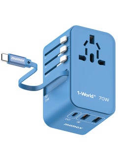Buy Momax UA18 1-World 70W GaN 3 Ports + Multi Plug Travel Adapter Multi Volt 100-250V USB-C / USB-A with Retractable USB-C Cable - Blue in UAE